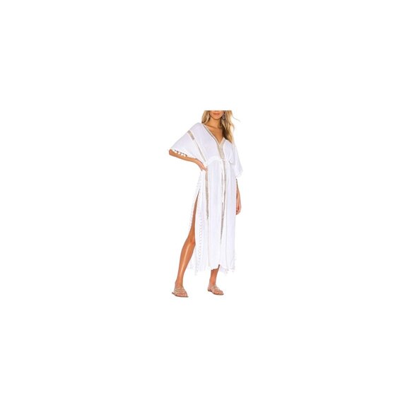 White Tassel Trim Beach Cover-Up Dress With V-Neck & Waist Tie - Picture 1 of 7